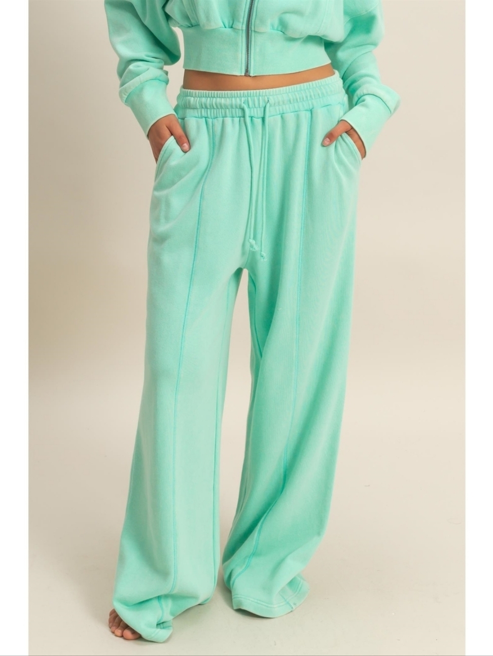 Double Zero Mint Cotton Blend French Terry Wide Leg Acid Wash Joggers